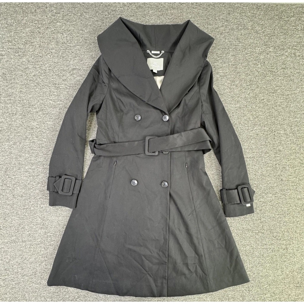 SOIA KYO Coat Womens Small Black Trench Belted Double Breasted Shawl‎ Collar